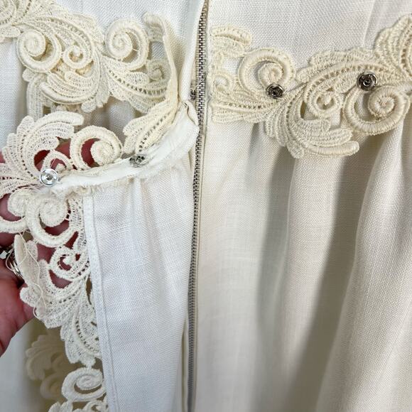 Vintage 60s Linen Wedding Dress Murray Hamburger ILGWU Lace Trim Gown Train 2 - Picture 12 of 16